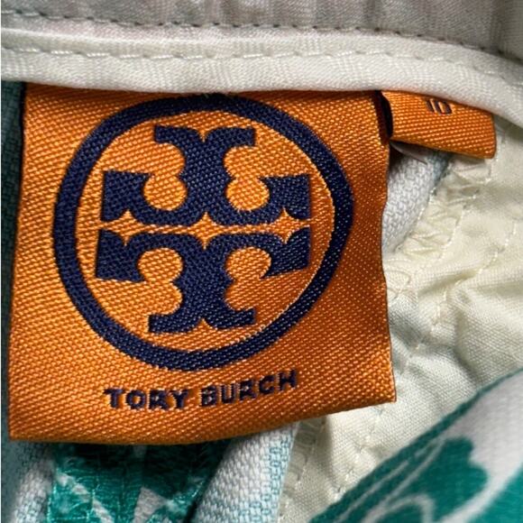Tory Burch Walton Ankle Pants Teal Green Paisley Size 10 Cotton - Picture 7 of 9